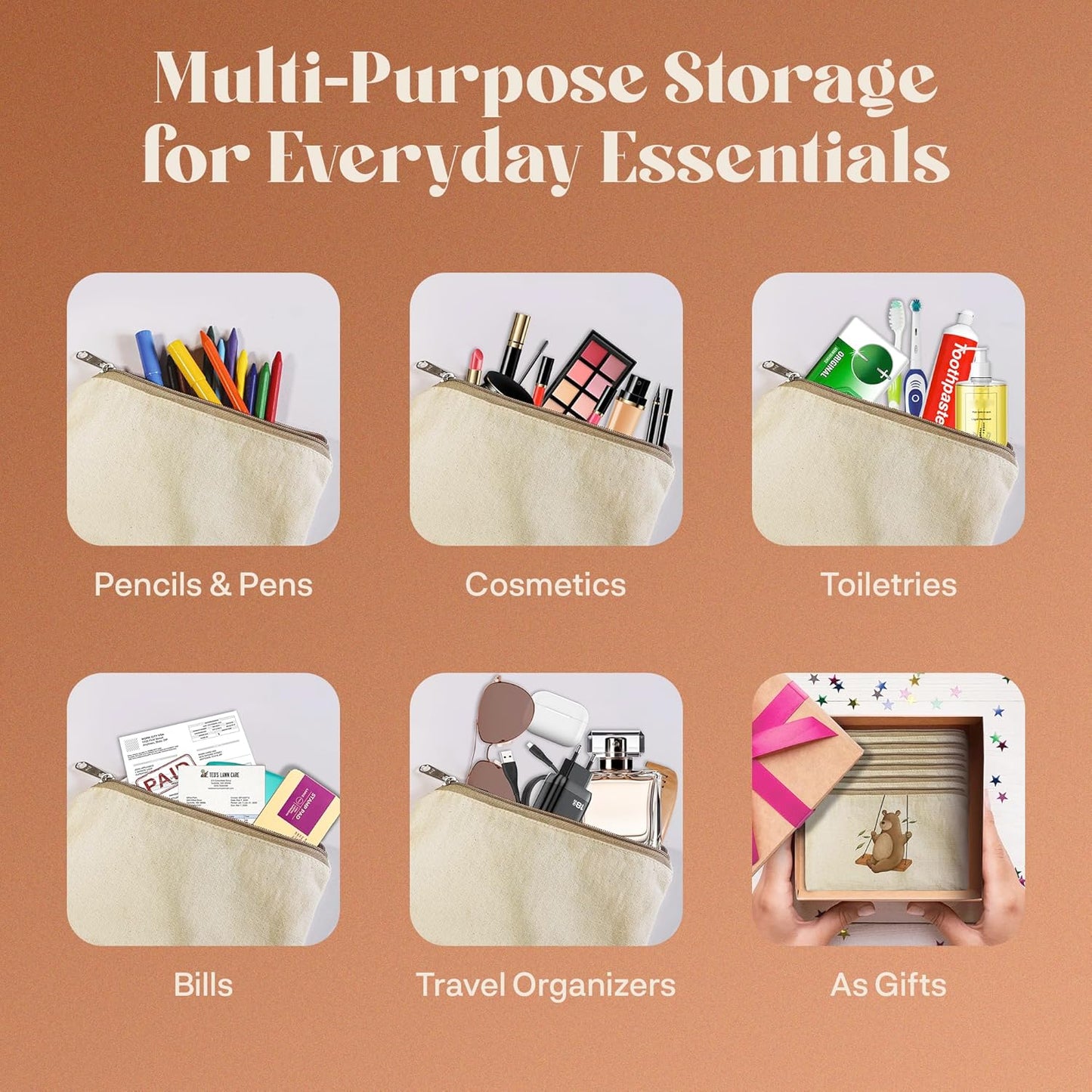 ATRANI Cotton Canvas Pouch, Blank DIY Makeup Bag, Multi-Purpose Pencil Case, Craft Storage, Travel Toiletry Bag with Zip (5x8 inch) DIY Customizable, Washable & Reusable – Value Pack Options (6)