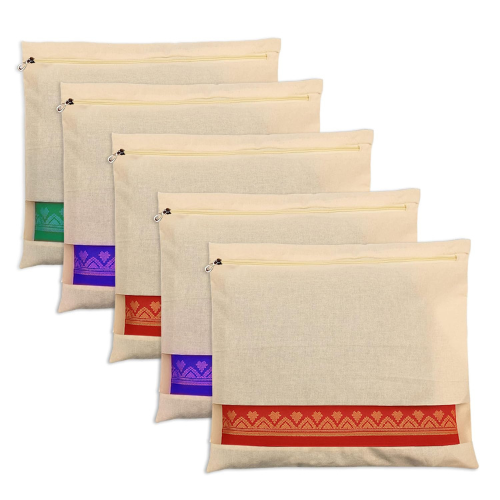 Atrani Pack Of 5 Cotton Saree Clothes Bags/Covers/Poches For Storage With Zip Closure (16 X 14 Inches, Beige)