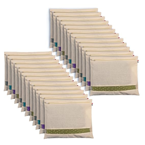 Atrani Pack Of 24 Cotton Saree Clothes Bags/Covers/Poches For Storage With Zip Closure (16 X 14 Inches, Beige)