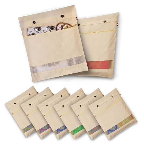 Atrani Cotton Saree Cover/Saree Bags/Clothes Covers (Set Of 8) Of 16 X 14 (Inches) For Clothes Storage Bag, Travelling, Wardrobe Organizer With Mesh/Window - BEIGE