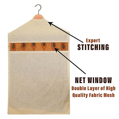 ATRANI Hanging Saree Bag | Cotton Clothes Bags for Storage | Hanging Cotton Saree Covers | Mesh Window Cloth Storage Bag | Saree Stoarge Covers with Zip | Pack of 10 | Cream