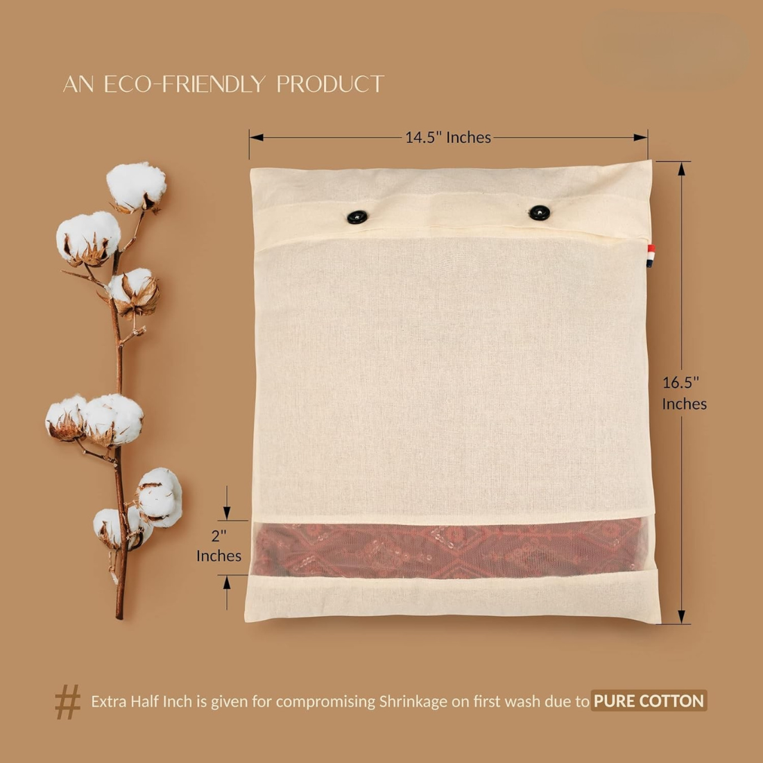 Atrani Cotton Saree Cover/Saree Bags/Clothes Covers (Set Of 10) Of 16 X 14 (Inches) For Clothes Storage Bag, Travelling, Wardrobe Organizer With Mesh/Window - BEIGE