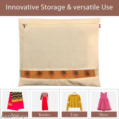 Cotton Saree Bags/Covers For Storage Set Of - 12 Big Size Single (16 X 14 Inches) With Zip Closure For Clothes Bags And Wardrobe Organizer With Transparent Mesh Window, Beige